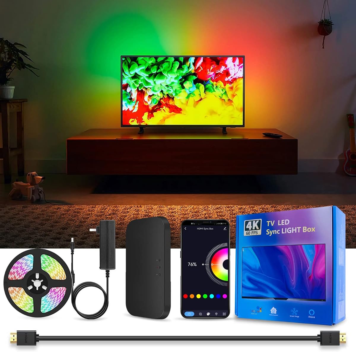 LED TV Backlight with HDMI Sync Box for 75-85 inch TVs 16.4ft RGBIC WiFi LED Light Strip App Control with Sound and Scene Sync Compatible with Alexa and Google Assistant for Games and Movies
