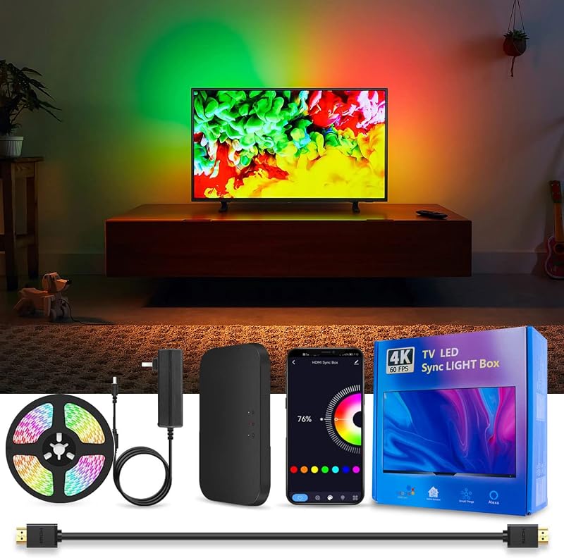 LED TV Backlight with HDMI Sync Box for 75-85 inch TVs 16.4ft RGBIC WiFi LED Light Strip App Control with Sound and Scene Sync Compatible with Alexa and Google Assistant for Games and Movies