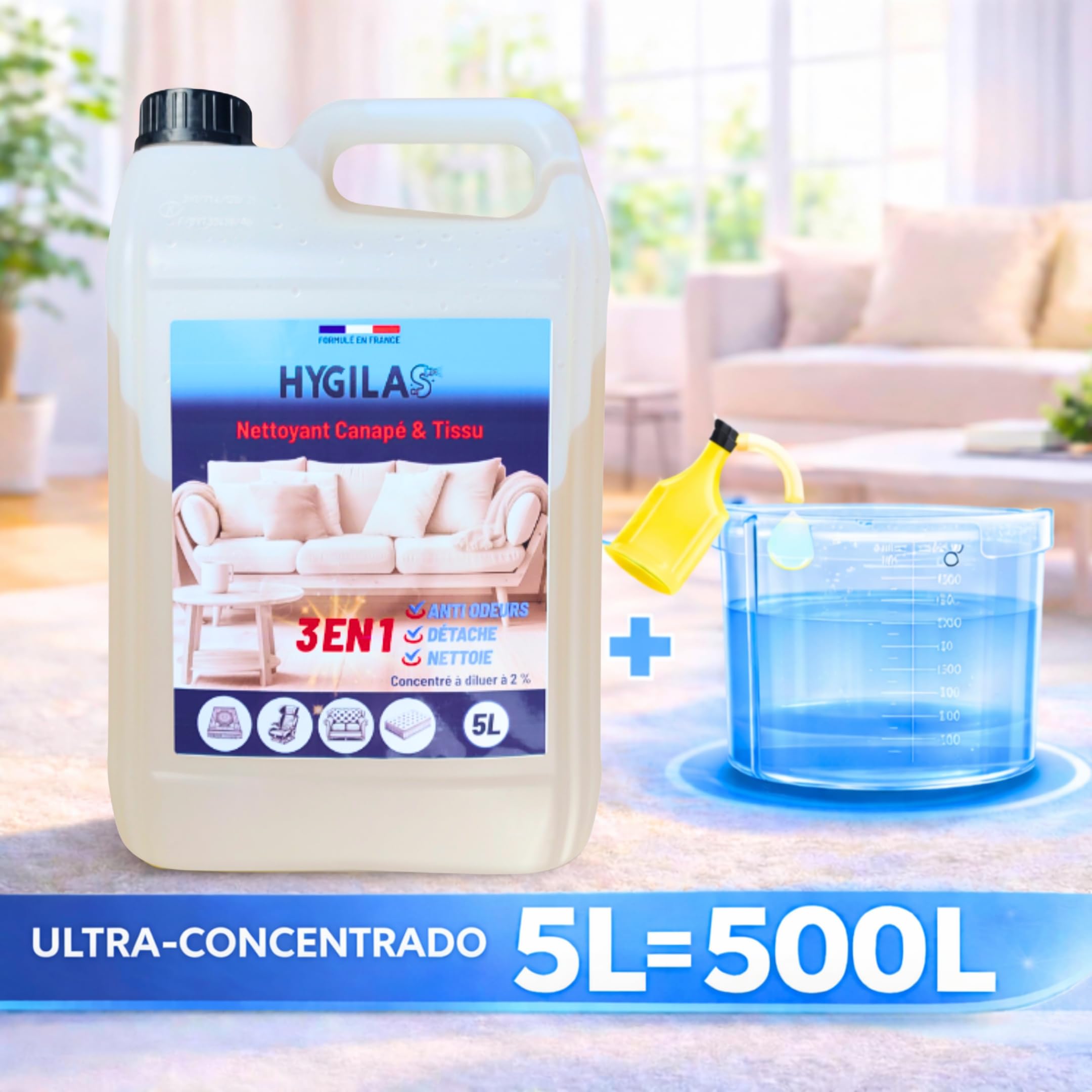 HYGILAS Limpiador Tapicerías Sofá 5L Profesional | Ultra Concentrado (500L) | Elimina Manchas y Olores | Compatible Inyector Extractor, Alfombras y Asientos Coche