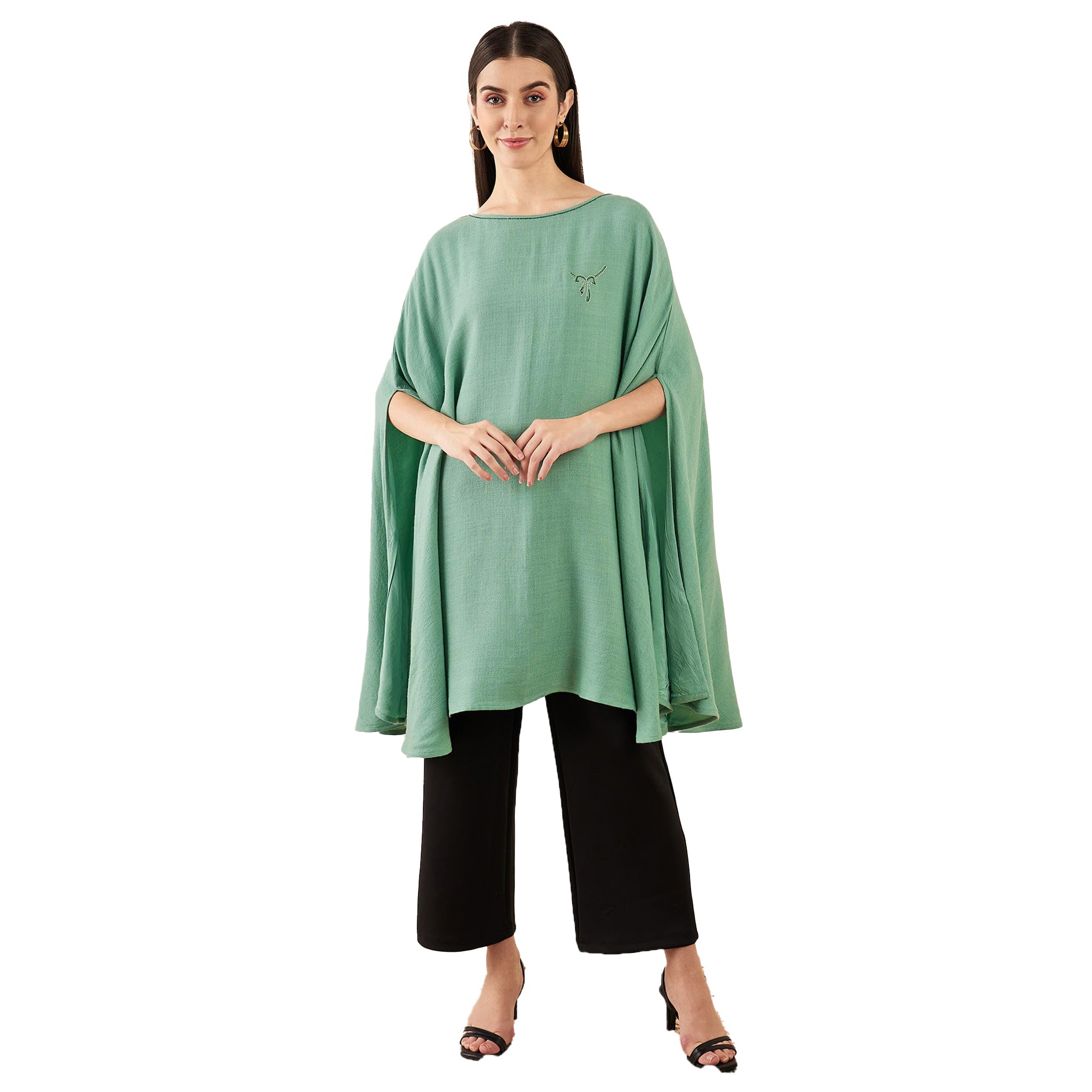 first resort Seafood Green Embellished Long Cashmere Poncho-picture-1