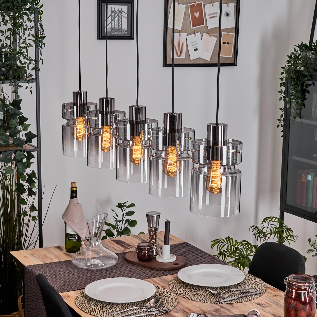 HOFSTEIN Hasvik Pendant lamp, 5-Burner Metal/Glass Pendant lamp in Black/Smoke/Clear, Vintage Design (Ø 15 cm), E27, Pendant lamp Adjustable up to 150 cm, Dining Room, Living Room, Kitchen