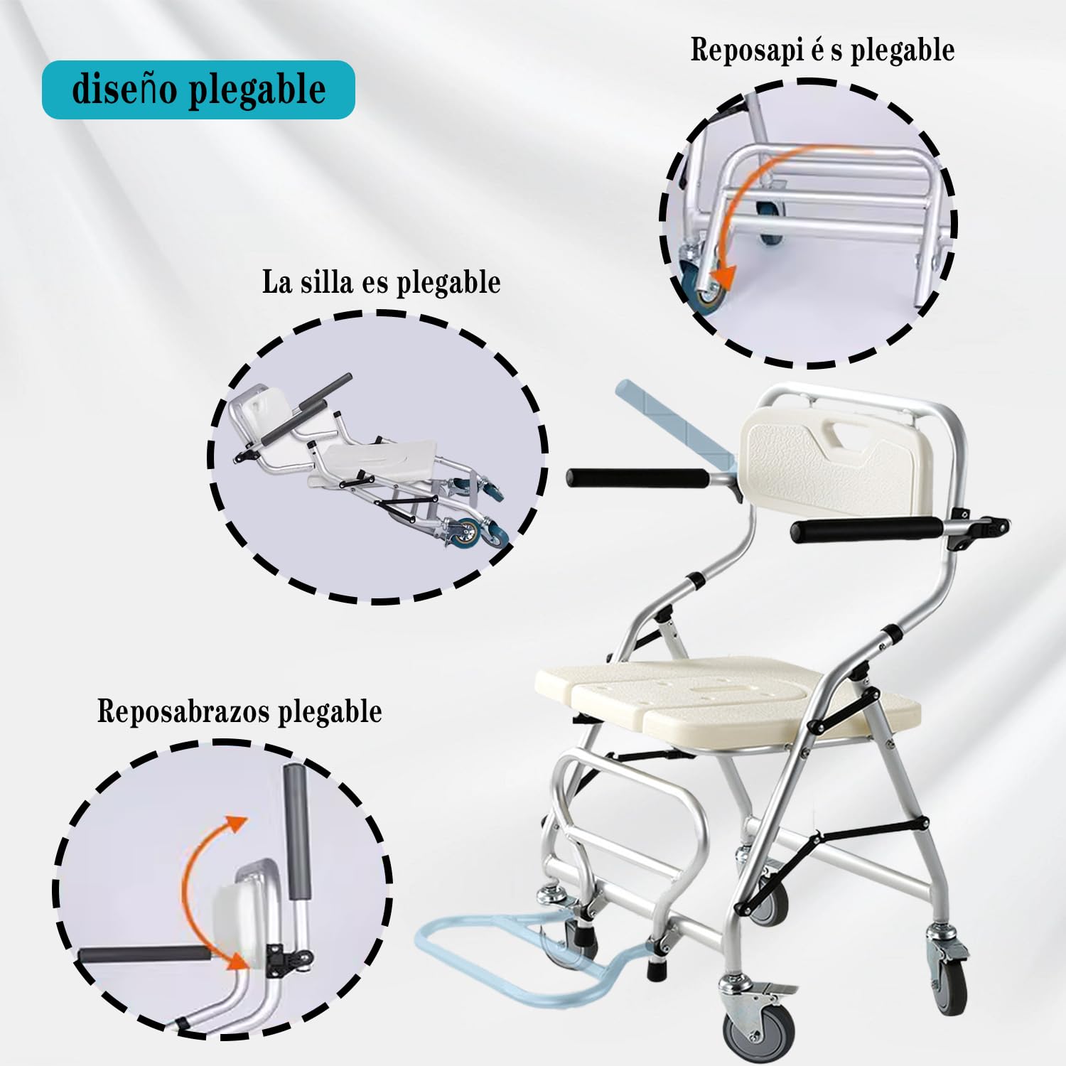 Silla de Ducha con Ruedas para Personas Mayores, Carga 120kg | Silla de Ruedas Ducha Plegable, Silla Baño Ancianos Ducha Montaje sin Herramientas