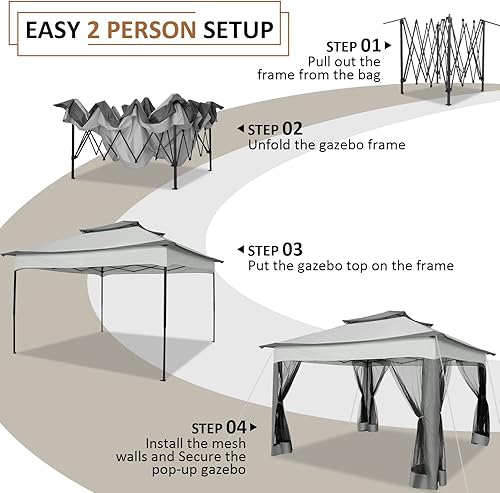 Miniatura 6 de HOTEEL Gazebo desplegable de 10 x 10 pies con mosquiteras, kiosco impermeable para exteriores, 10 x 10 pies con paredes laterales, tienda de campaña