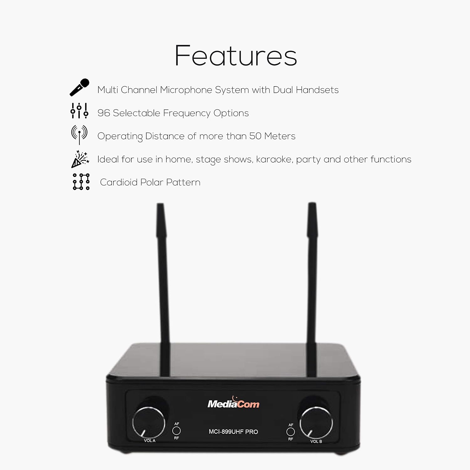Features diagram for MEDIACOM MCI 899 UHF PRO Wireless Microphone System