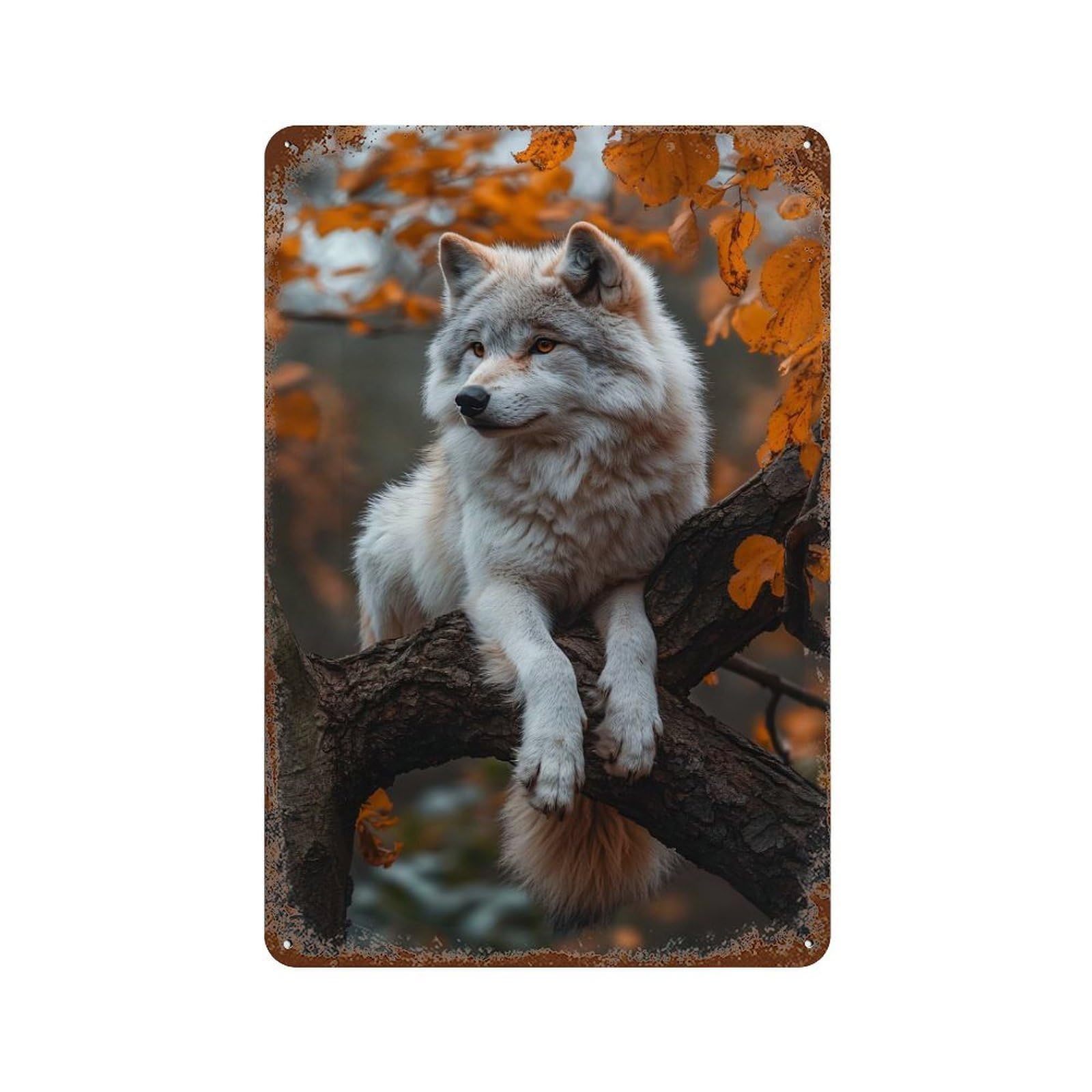Rust Effect Wolf in Autumn Tree Rusty Metal Tin Sign 11.8"x7.9", Farmhouse Wall Decor for Cafe, Home Bar And Lounge Decor