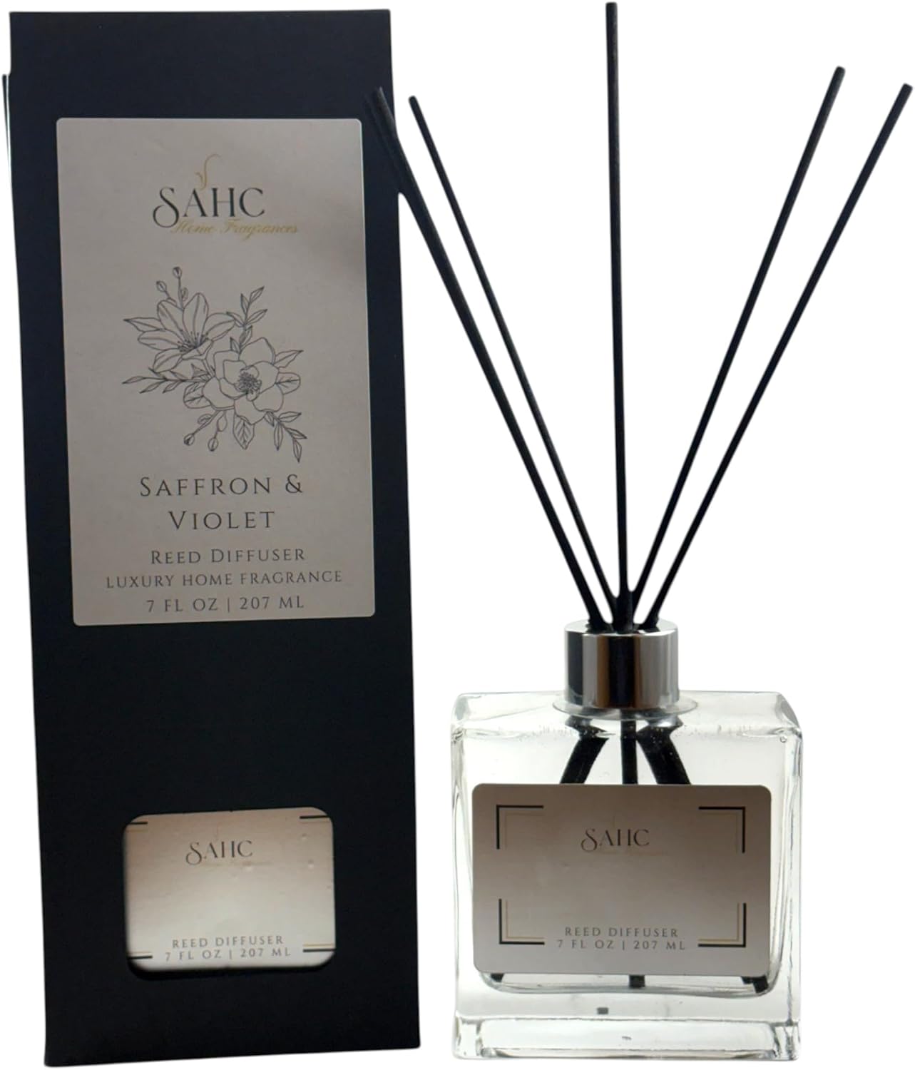SAHC Saffron & Violet Reed Diffuser - Saffron, Rose & Leather - 10" No-Flip Self-Saturating Black Fiber Reeds - High-Intensity Long-Lasting Scent - Mother's Day, Wedding Favors & Gift for Her - 7oz