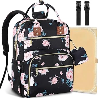 Tenot Baby Diaper Bag Backpack, Travel Diaper Bags for Baby Girl Boy Large Capacity Baby Bag Backpack for Women Black Floral