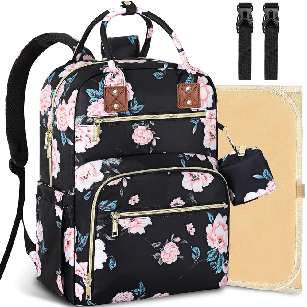 Tenot Baby Diaper Bag Backpack, Travel Diaper Bags for Girl Boy Large Capacity Baby Bag Backpack for Women Black Floral