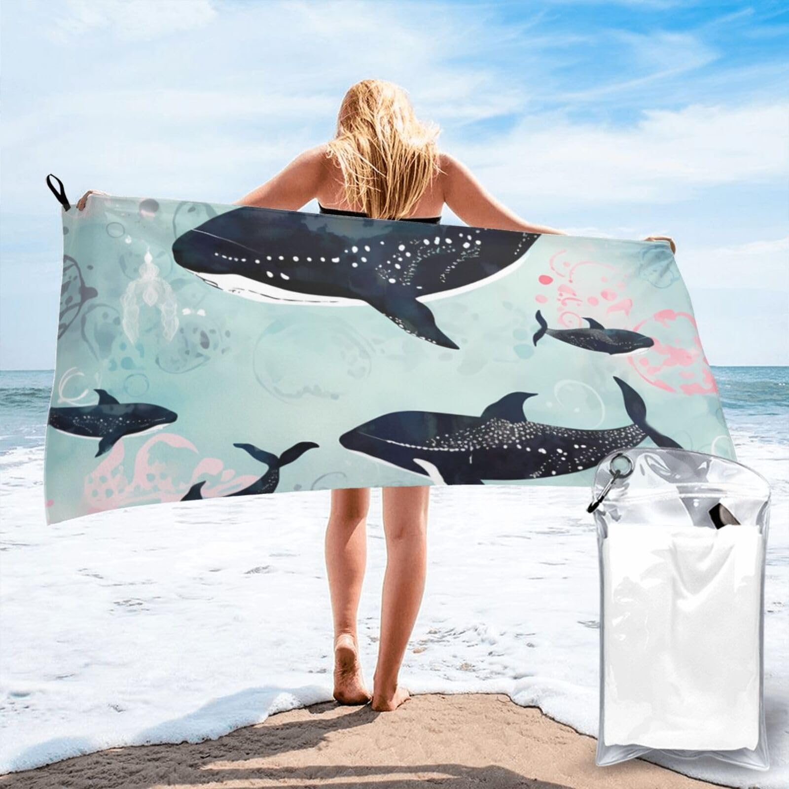 DWVTSLH Microfiber Sand Free Beach Towel 31.5"x63", Quick Dry Absorbent Travel Towel Large Camping Blanket, Whale Bath Towels Lightweight Pool Swim Towels for Vacation Essentials