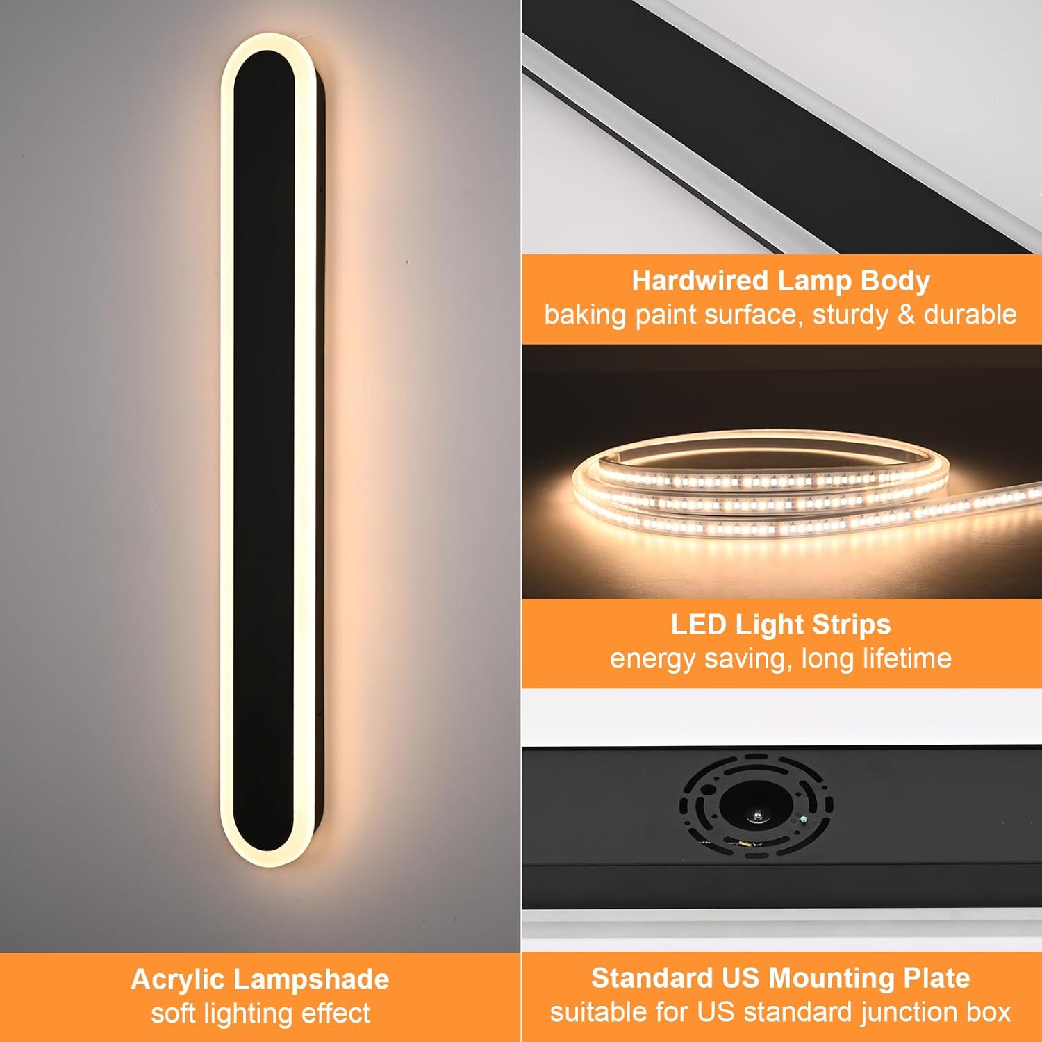 2-Pack 24in Modern LED Outdoor Wall Light Fixtures, IP65 Waterproof Outdoor Wall Sconces Lamps, 5 Colors Dimmable LED Black Linear Exterior Lighting Fixtures for House Patio Courtyard Porch