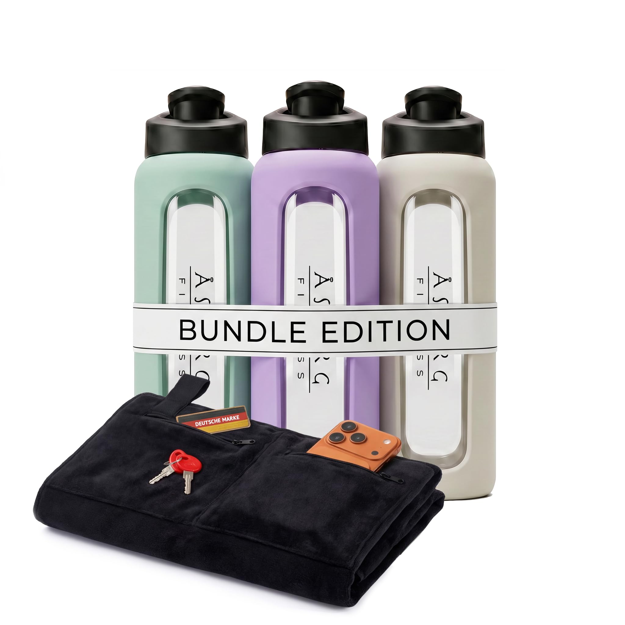 Fitness LOT – 3 Shakers Protéinés en Verre avec Bille Mélangeuse Spiralée + Serviette de Sport Microfibre avec Clip Magnétique & Poches Zippées – Violet, Vert & Beige Pastel – Sans BPA, Étanche
