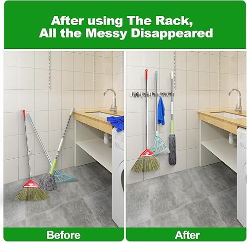 Miniatura 3 de voze 5 estantes y 4 ganchos, soporte de pared para trapeador y escoba, autoadhesivo, resistente, organizador de escobas, estantes de herramientas de