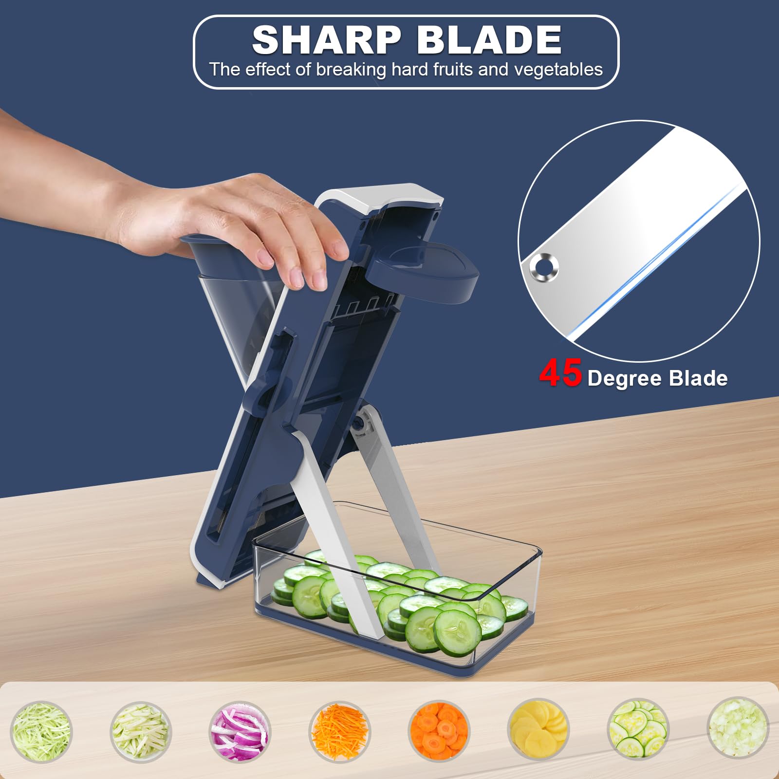 Cortador de mandolina para cocina, picador de verduras, cortador de pepino, desmontable fácil de limpiar, artefacto de corte de cocina (blanco y azul)