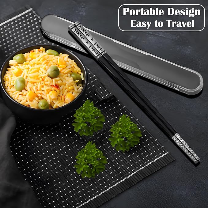 Palillos chinos de metal con estuche Reutilizables 1 Par Acero inoxidable 18/8, Negro miniatura 2