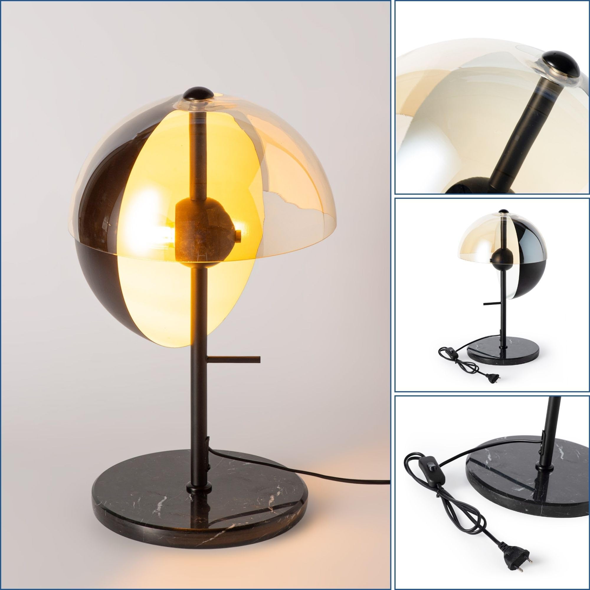 BARCELONA LED Lampa Stołowa UMBRA E27 Nowoczesny Design z Podwójnym Kloszem Czarny Metal i Bursztyn, Lampka Biurkowa z Pośrednim Światłem Bez Oślepiania Styl Industrialny