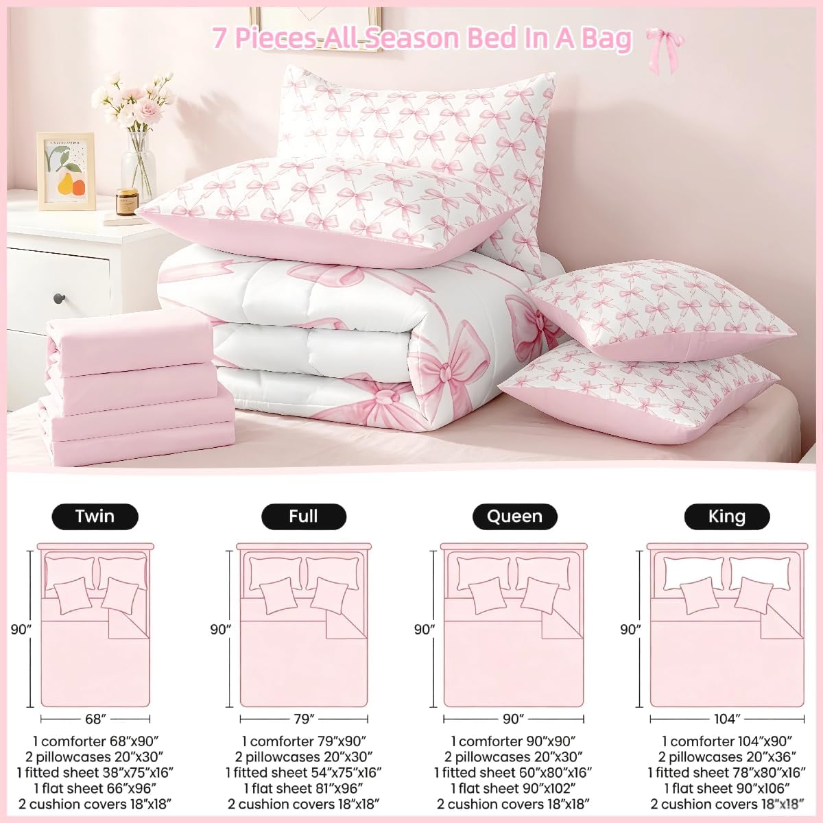 Feelyou Cute Pink Bow Comforter Set Full Size, Pink Girls Bow 7 Pcs Bedding Set for Kids, Dreamy Bowknot Princess Bed in a Bag, Bed Sheet Sets with Fitted Sheet Pillowcases for Bedroom Bed Decor