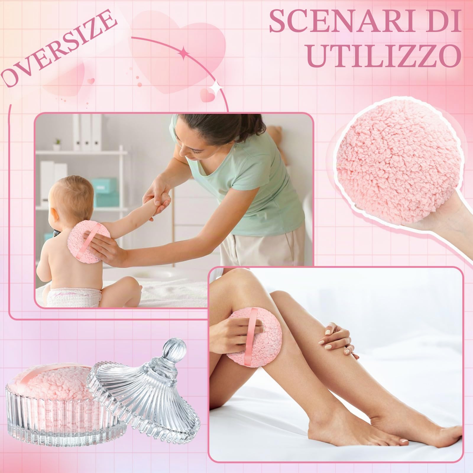 2 spugnette extra large per cipria e contenitore, per spolverare le donne | 6 pollici oversize, morbido velluto lavabile, con custodia in cristallo, trucco bagnato asciutto, rosa