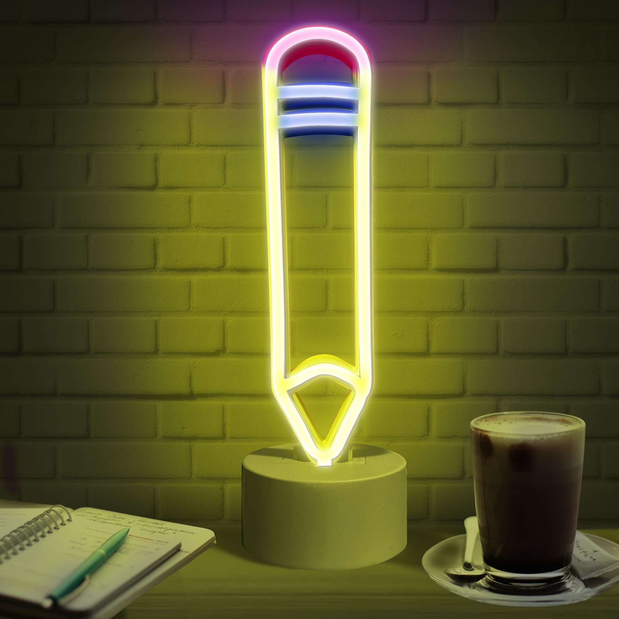 Lumoonosity Pencil LED Neon Signs - Desk/Table Classroom Lamp with Stand for Bedroom, Study Room, Game Room - USB/Battery Powered Pencil Neon Lights - Back to School Classroom Lights for Teachers