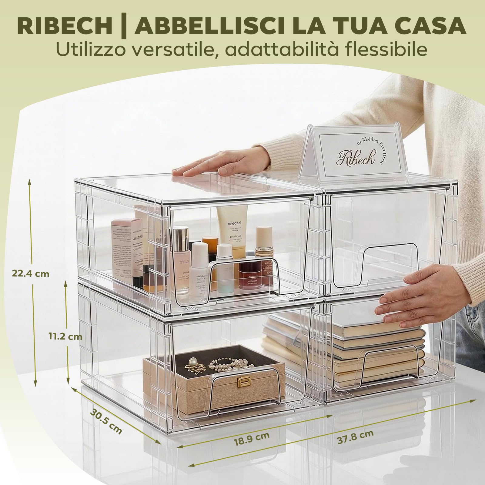 Set 4 Cassetti Organizzatori Impilabili con Divisorio – in Acrilico Trasparente per Scrivania, Trucco, Cucina, Bagno & Soggiorno