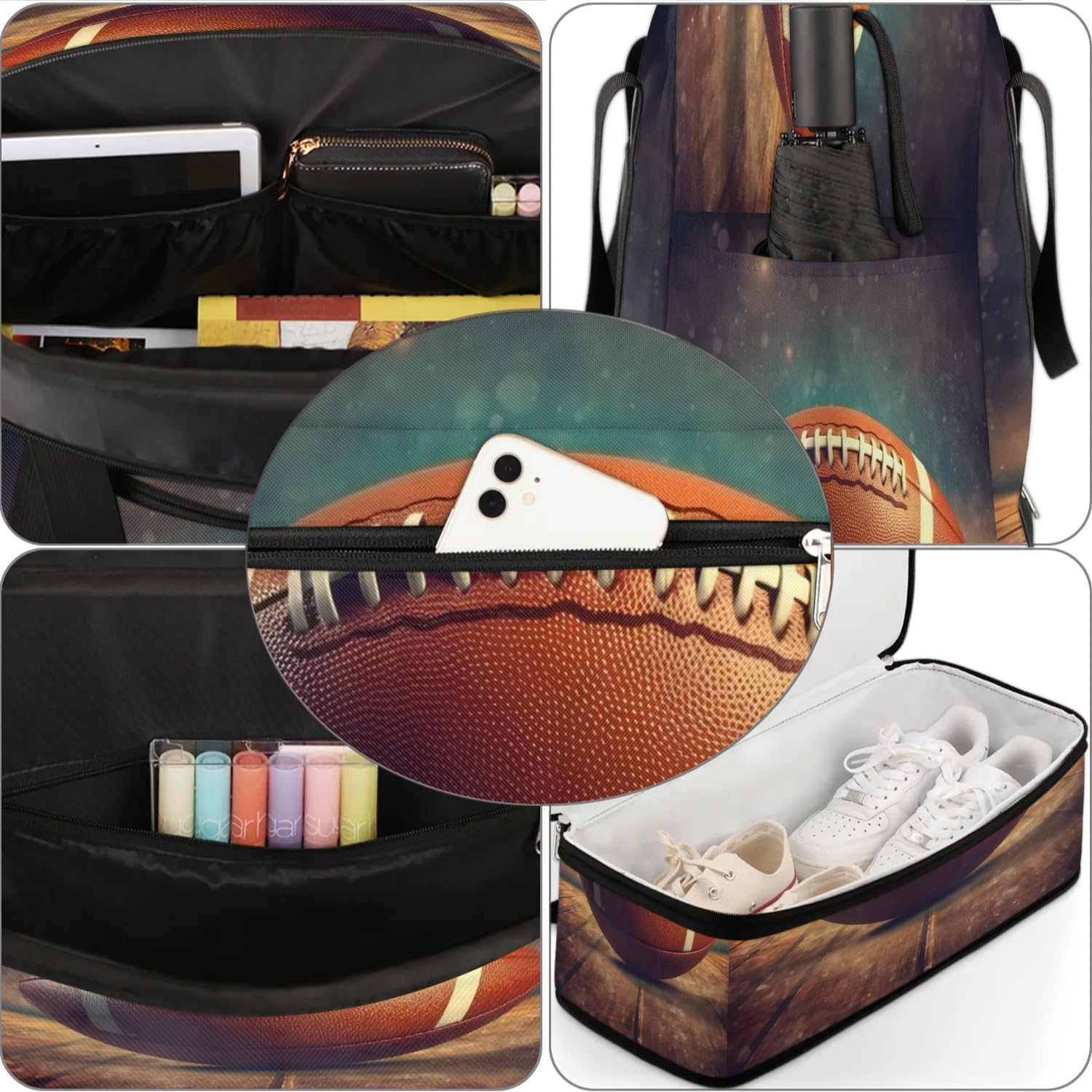 Sports Duffel Bag, Foldable Rugby Football Travel Duffel Bag, Gym Yoga Beach Bag Weekender Overnight Bag with Shoes Compartment for Men Women, Sport Ball