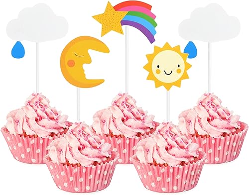Miniatura 8 de Decoración para cupcakes con temática de sol y arco iris, 36 piezas de decoración de pastel temático de sol sonriente para cumpleaños, baby shower,