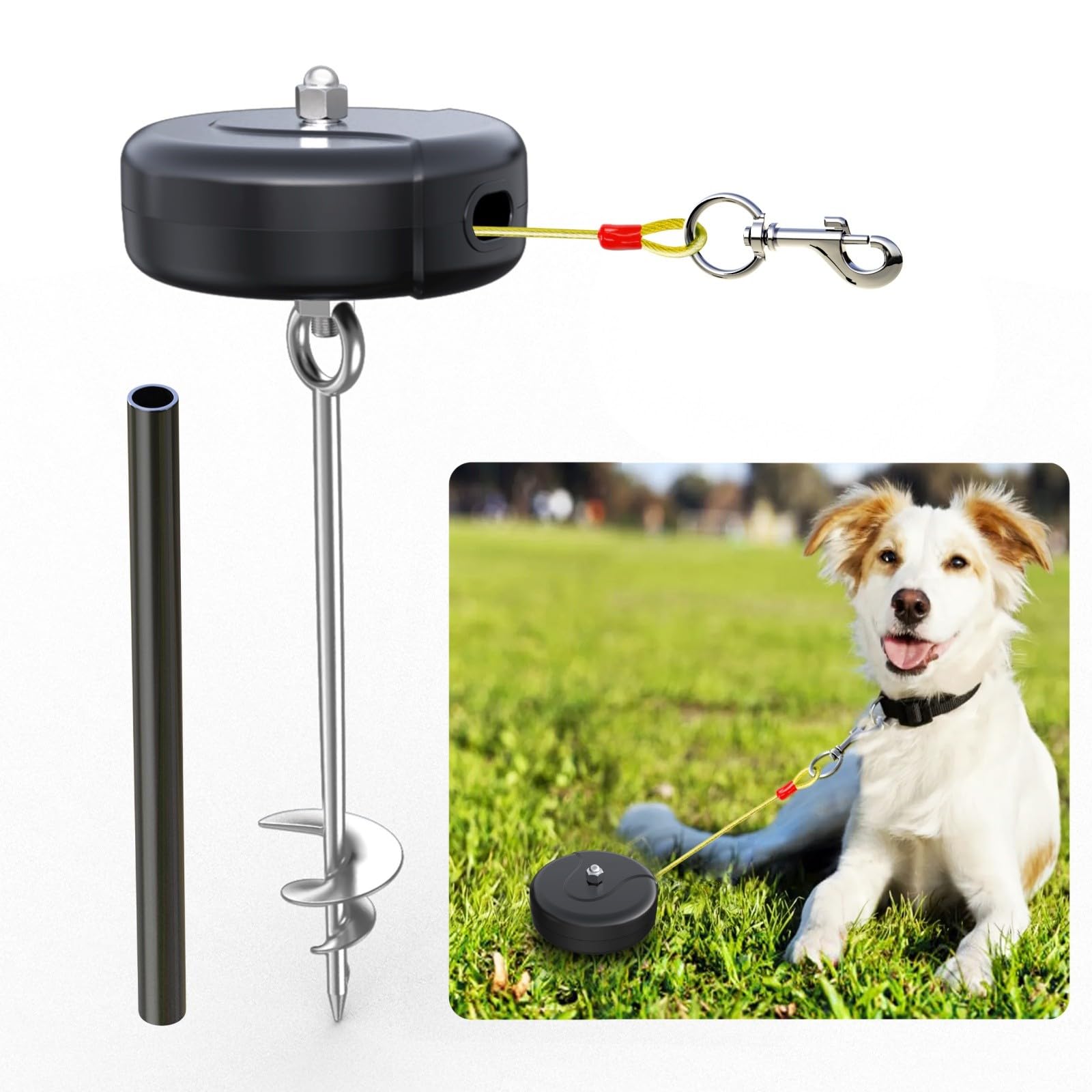 30ft Retractable Dog Tie Out Cable and Stake - No Tangle Retractable Dog Leash for Dogs Between 10-90lbs - 360° Rotate Retractable Dog Lead Reel for Yard Camping