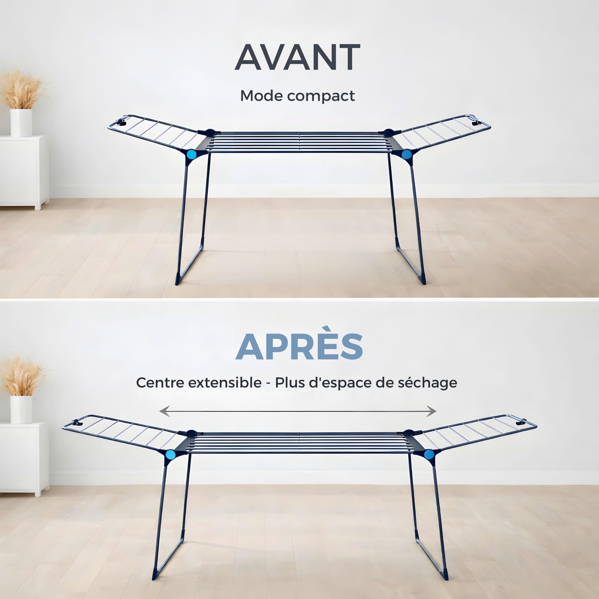 MELTA.® Dynamik 25 – Étendoir à Linge Extensible avec Partie Centrale Télescopique, 25 m de Séchage, Ailes Hautes, Structure Stable en Acier, avec roulettes, Gris et Vert