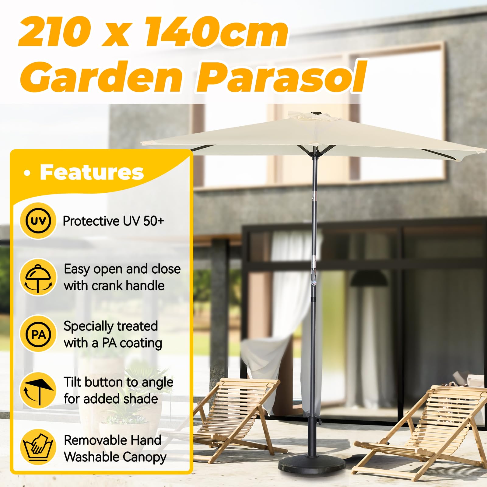 Angel Living 2.1x1.4M Sombrilla de Jardín, Parasol de Acero y Poliéster, Parasol Inclinado con Manivela, Mástil Acero 38mm, para Jardín, Terraza, Balcón