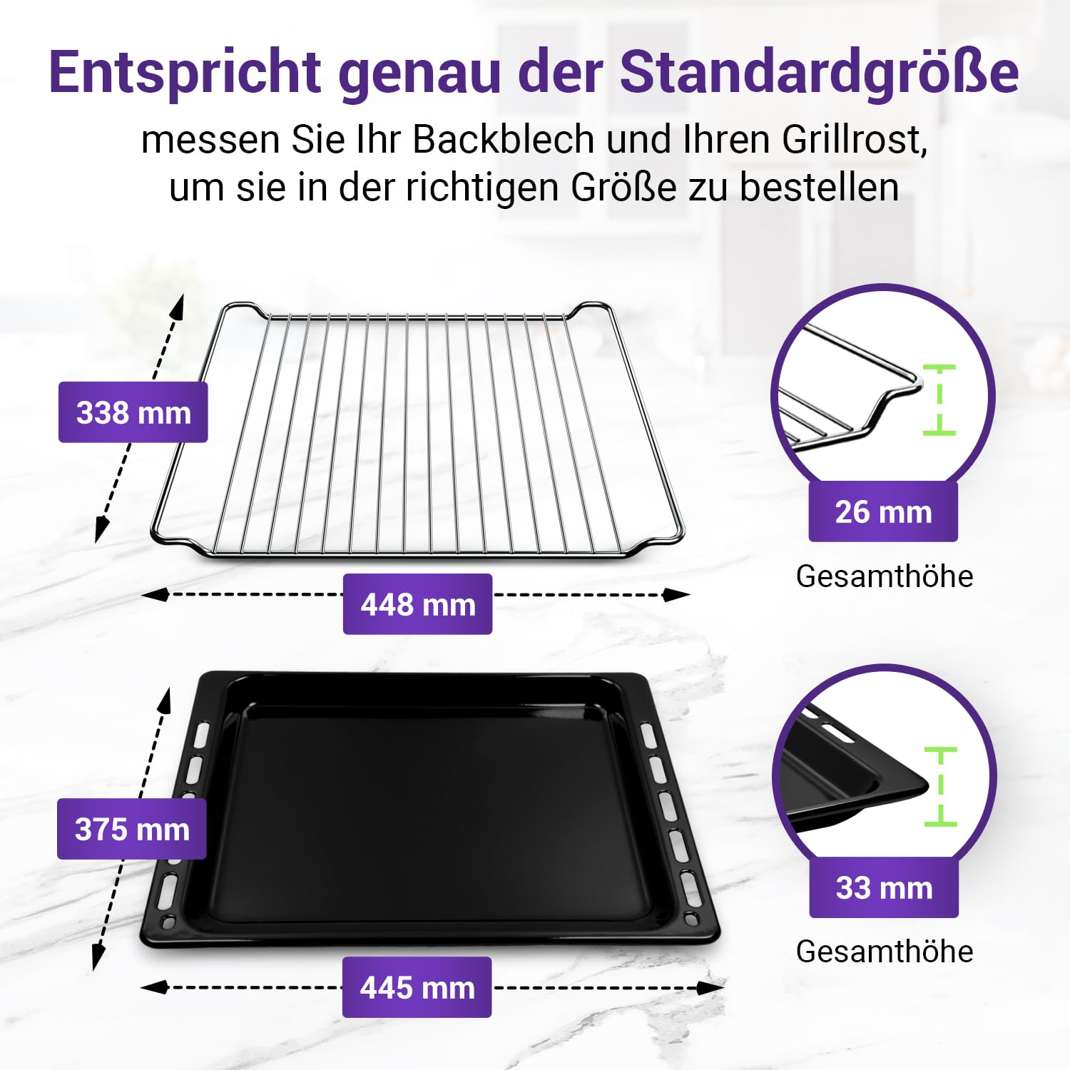 Backblech + Rost Ersatz für Whirlpool 481010539879 481245819334 | Blech Hoch 445x375x33 mm, Gitterrost Grillrost 448x338x26 mm, für Backofen