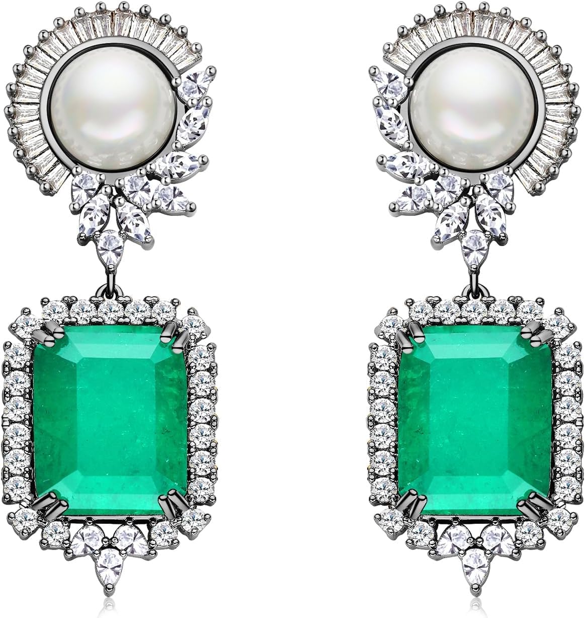 S925 Sterling Silver posts Emerald Green Pink Crystal Dangle Drop Earrings for Women Vintage Pearl Cubic Zirconia Wedding Bridal Emerald Cut Earrings