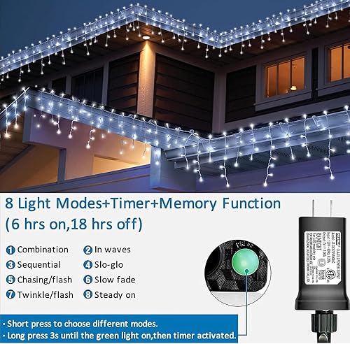 Miniatura 2 de YEGUO 800 luces LED de carámbano de 66 pies para exteriores, impermeables, 160 gotas, luz de Navidad conectable, 8 modos de luces blancas de Navidad