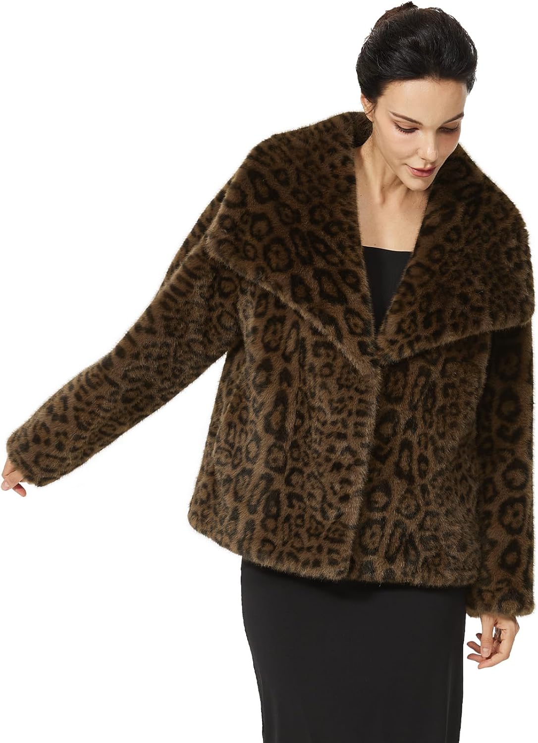 Women Cropped Faux Fur Leopard Coat with Pockets Lapel Shaggy Furry Winter Jacket Long Sleeve Open Front - Image 3