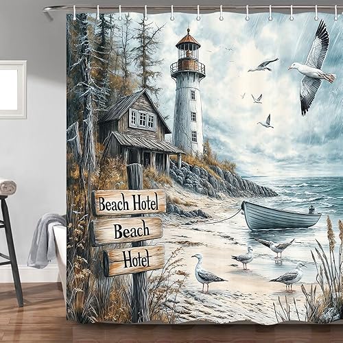 Bzhilja Nautical Lighthouse Shower Curtain, Ocean Coastal Beach Sailboat Decor B