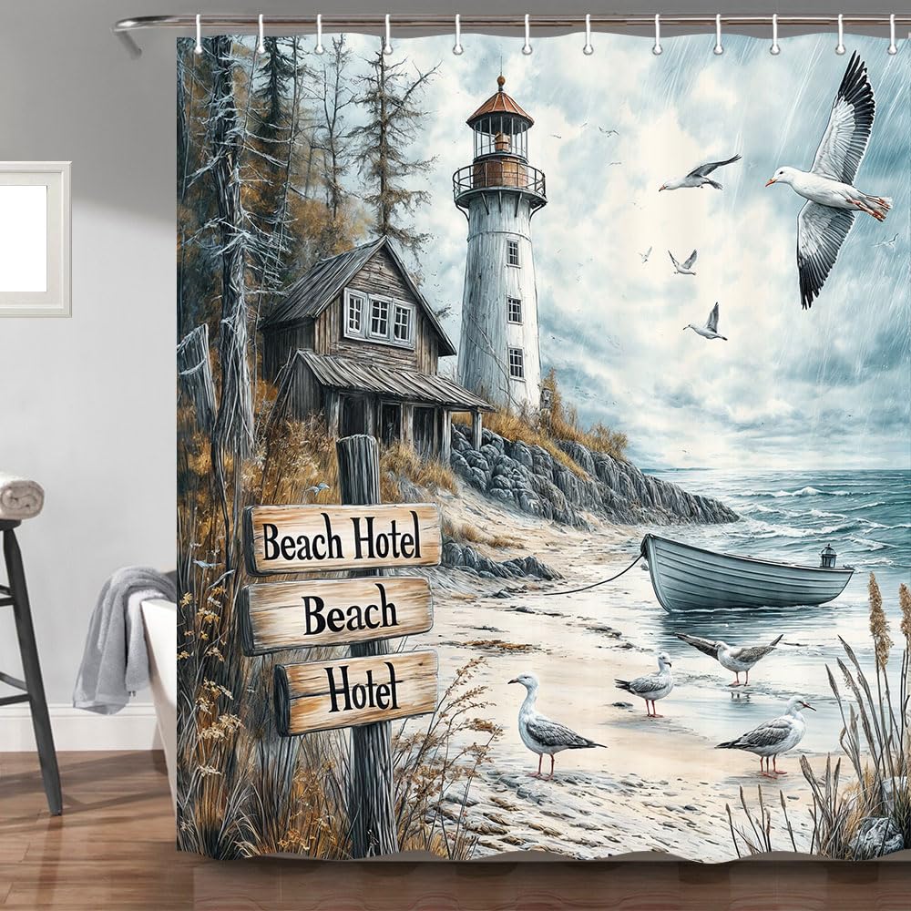 Bzhilja Nautical Lighthouse Shower Curtain, Ocean Coastal Beach Sailboat Decor Bathroom Curtains, Lake Seascape Fabric Shower Curtain Set with Hook