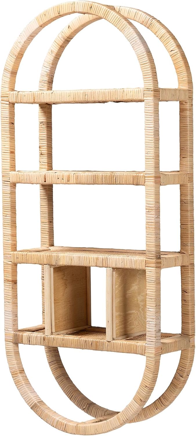 Bali & pari Labonita Natural Rattan Wall Shelf – 3-Tier Wall-Mounted Display Unit with Arching Frame for Entryway, Living Room, or Bathroom