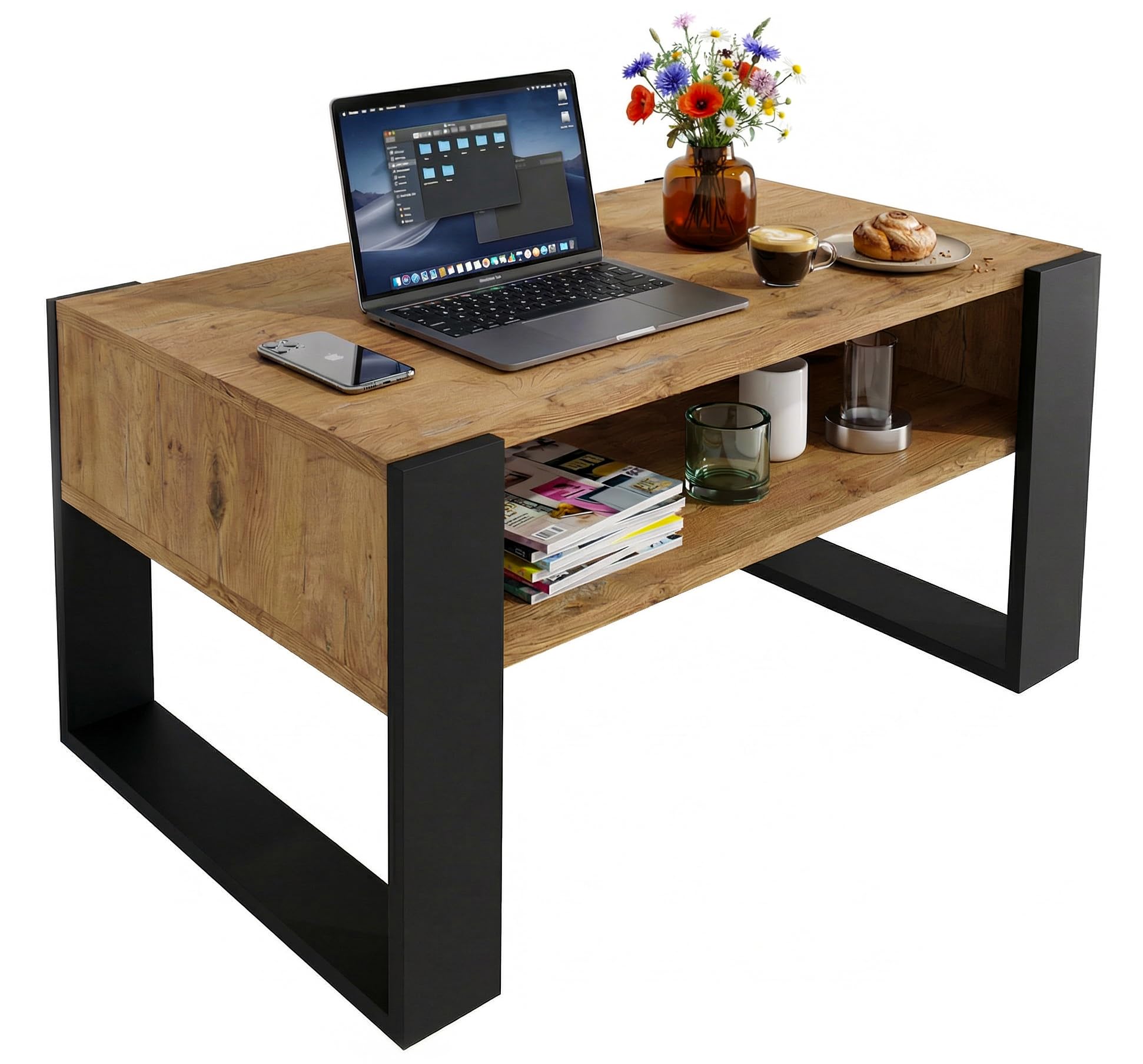 CraftPAK Wohnzimmer Tisch für Couch aus hochwertigem Holz, moderner Couchtisch mit zusätzlicher Ablagefläche, Sofatisch für Wohnzimmer, Farbe Retro-Schwarz