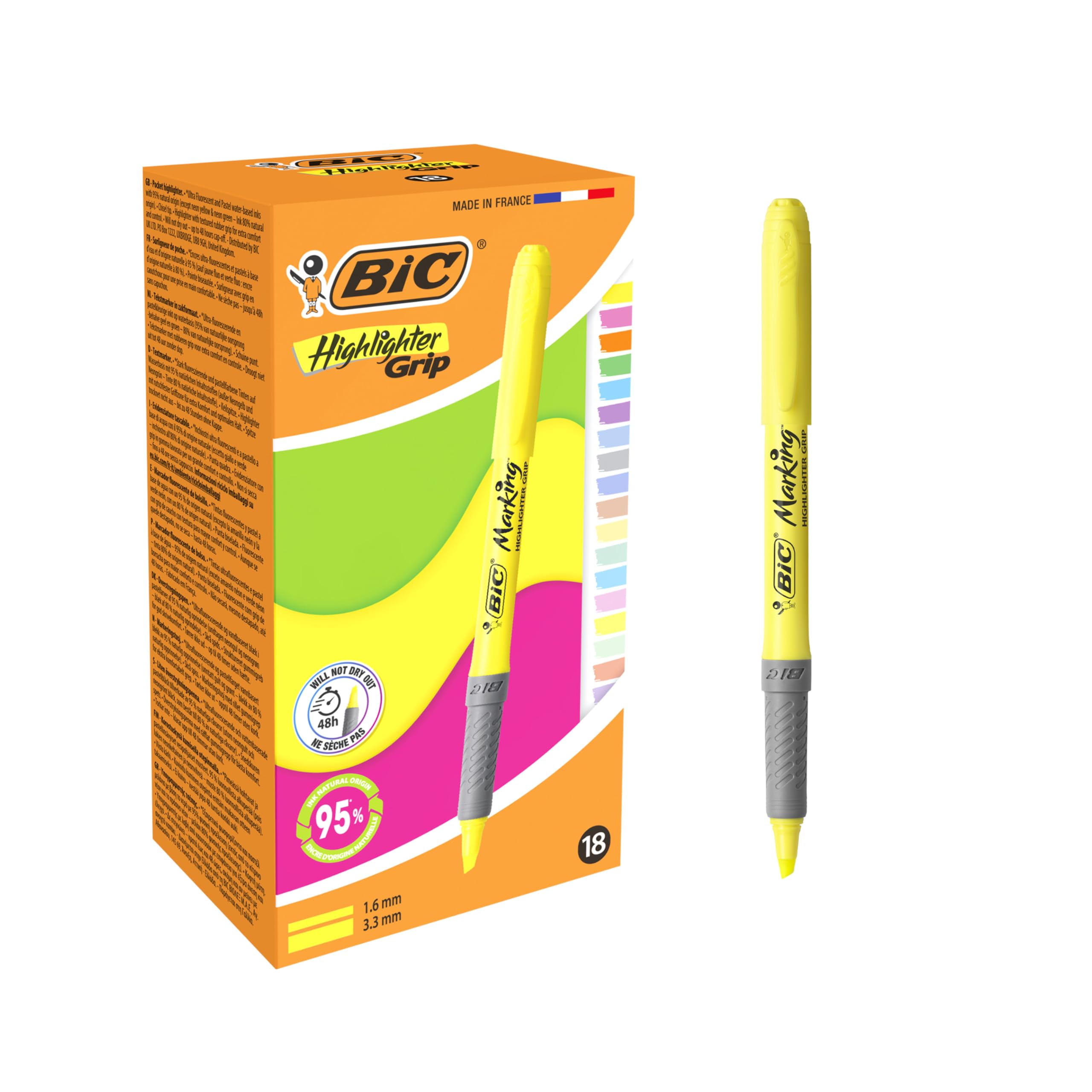 BIC Highlighter Grip Neon and Pastel Pens with Chiselled Nib - Assorted Colours, Box of 18
