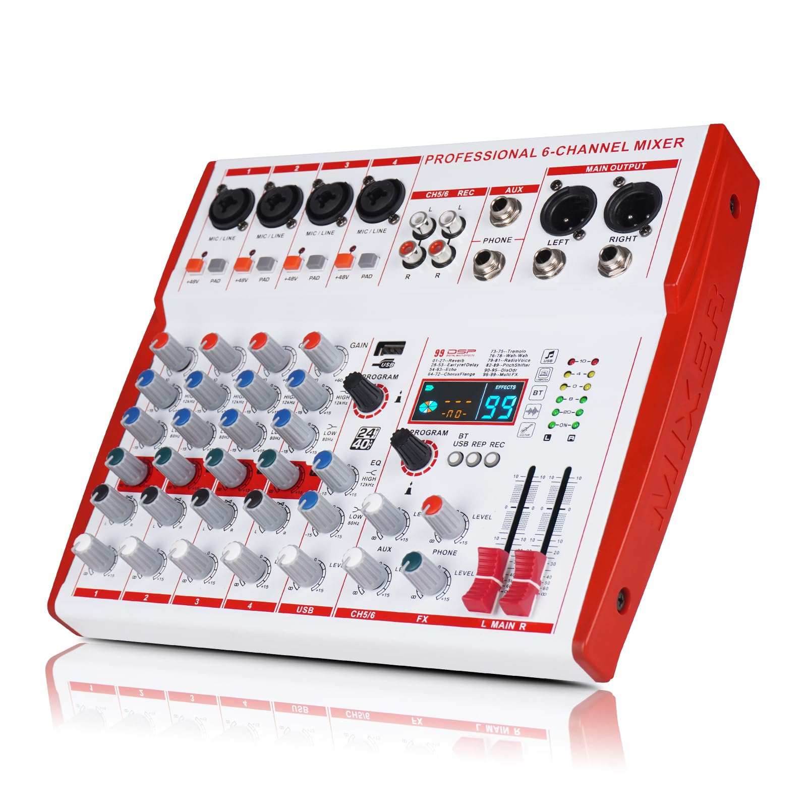 MW-6 White 6 Channel Professional DJ Audio Mixer, Portable Controller Mixer with DSP 99 Preset Effects for Live Streaming, Podcasting, Family Party, Music Recording