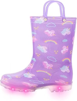 FUNCOO PLUS Toddler Kids Rain Boots Boys Girls Light Up Waterproof Boot with Handles
