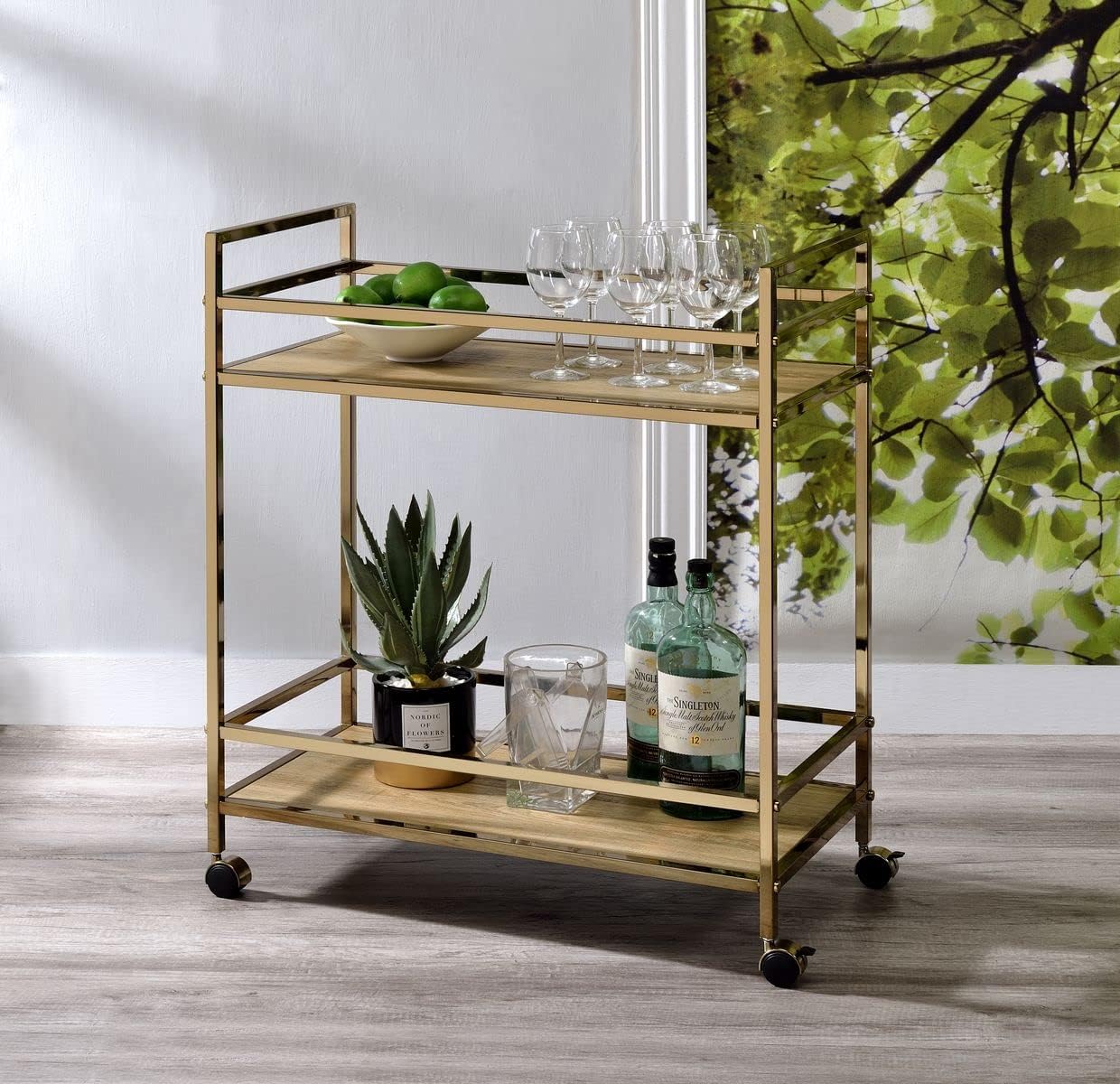 Rolling Bar and Serving Cart,Home Kitchen Cart with Wheels and Handle,Mobile Wine and Beverage Cart with Storage for Living Room,Kitchen,Dining Room,Hotel (Natural Gold & Black) (Natural & Champagne)