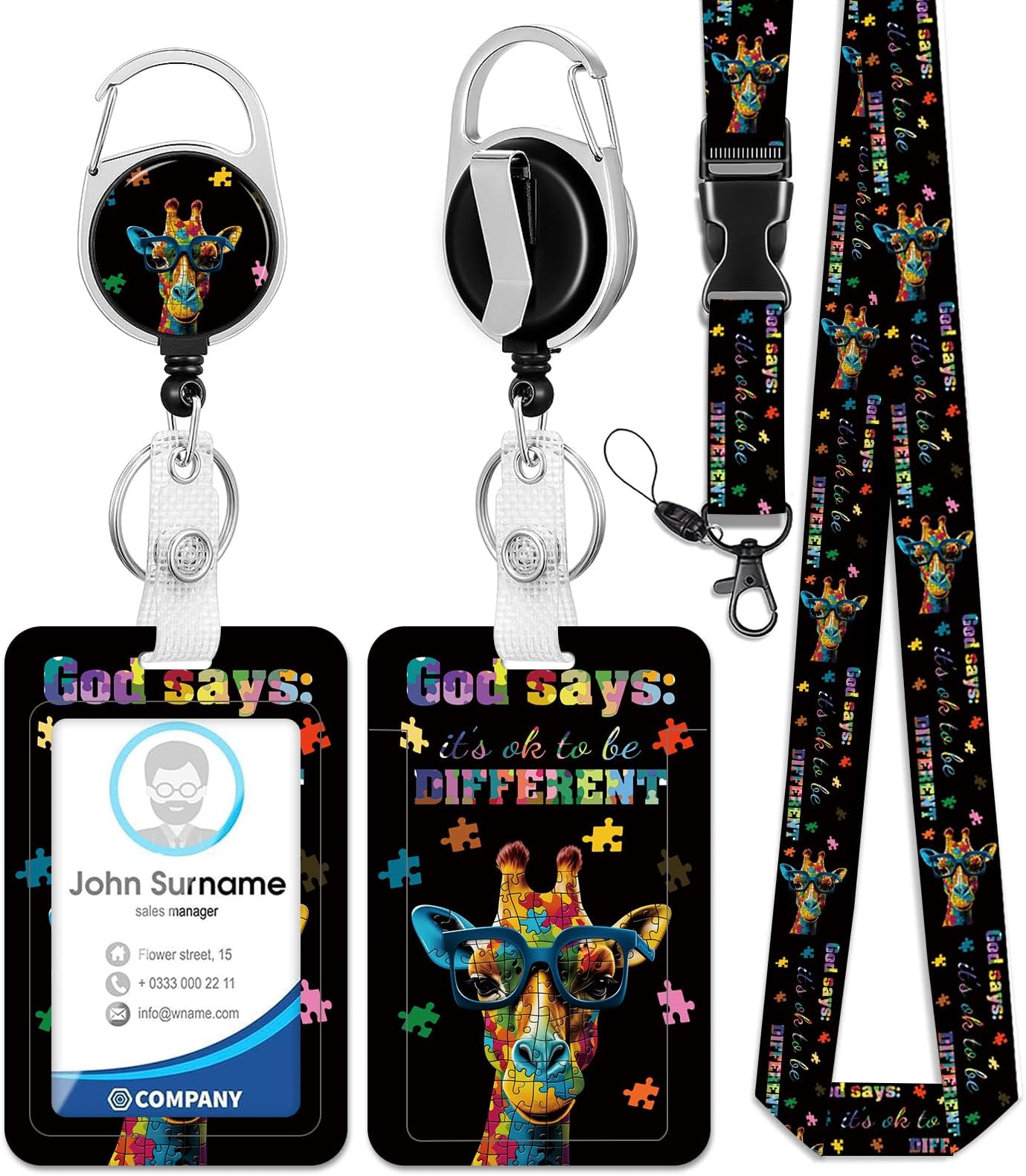 Autism Awareness Puzzle Badge Holder with Retractable Reel Giraffe ID Card Badge Case with Carabiner Clip ID Card Name Tag Badge Protector Cover for Work Office Nurse Teacher Gifts