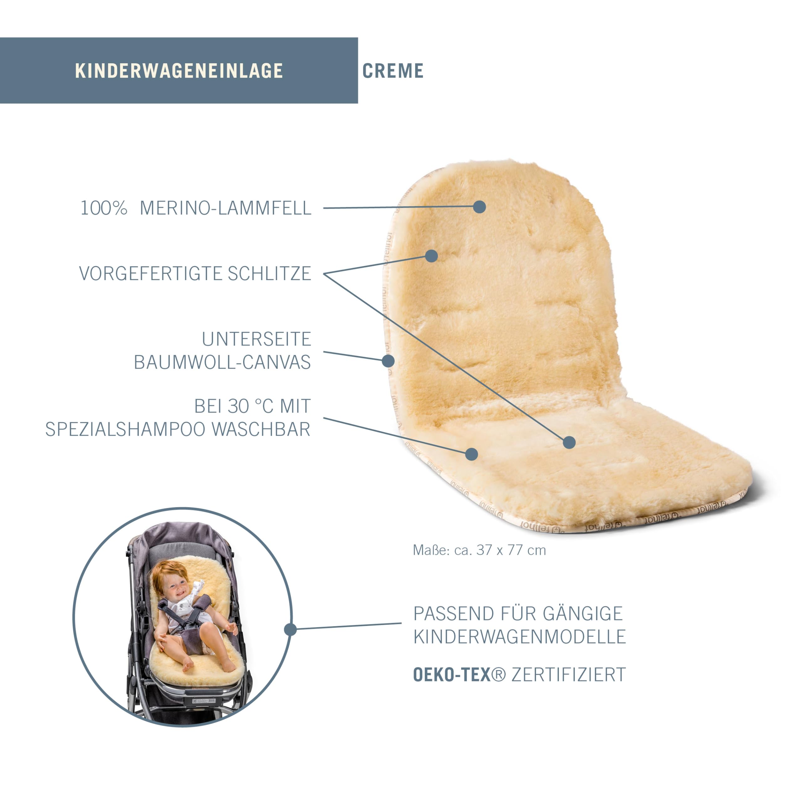 Fellhof Kinderwagen Einlage Lammfell OEKO-TEX 37x75 cm