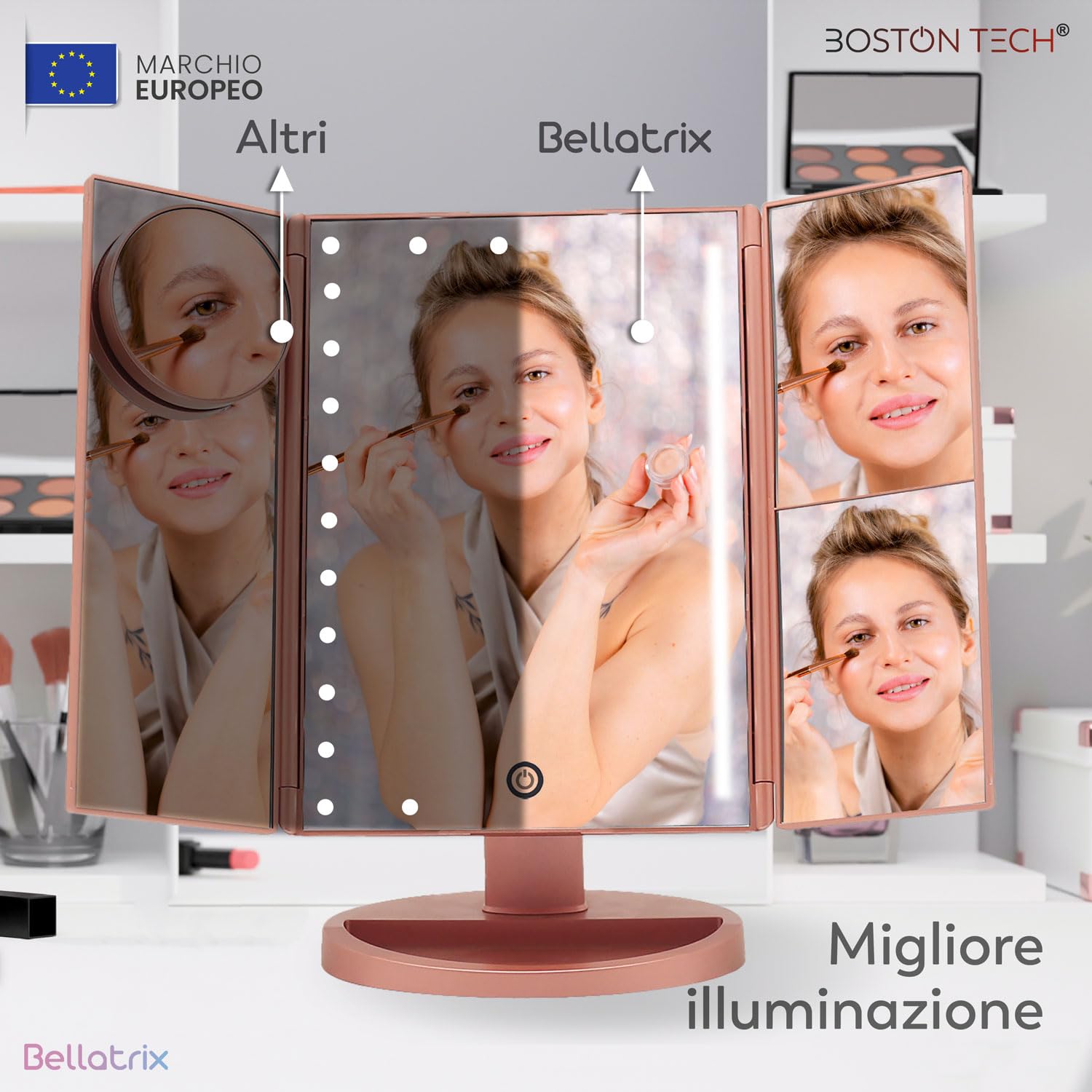Boston Tech Specchio trucco con luce LED Bellatrix, ingrandimento 1x/2x/3x/10x, specchio pieghevole a 3 pannelli, rotazione 180°, touchscreen, doppia alimentazione e design elegante