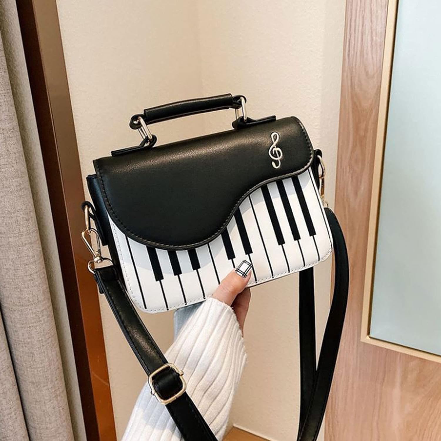 Women Piano Pattern Music Note Top Handle Satchel Mini Size Crossbody Tote Bag Purse - Image 5