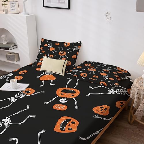 Miniatura 37 de Sábanas de murciélago tamaño individual – Juego de sábanas de Halloween para niños y niñas, juego de sábanas en blanco y negro, microfibra suave