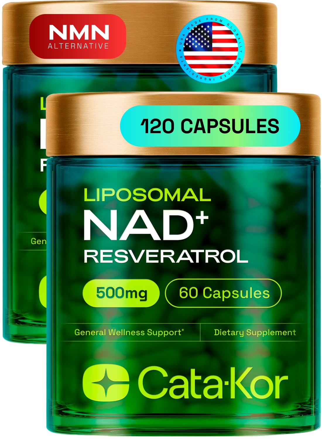 Cata-Kor Liposomal NAD Supplement with Resveratrol – NMN Supplement Alternative – 60-Day Supply – Third-Party Tested – 120 Capsules – Advanced NAD+ Resveratrol - Pack of 2