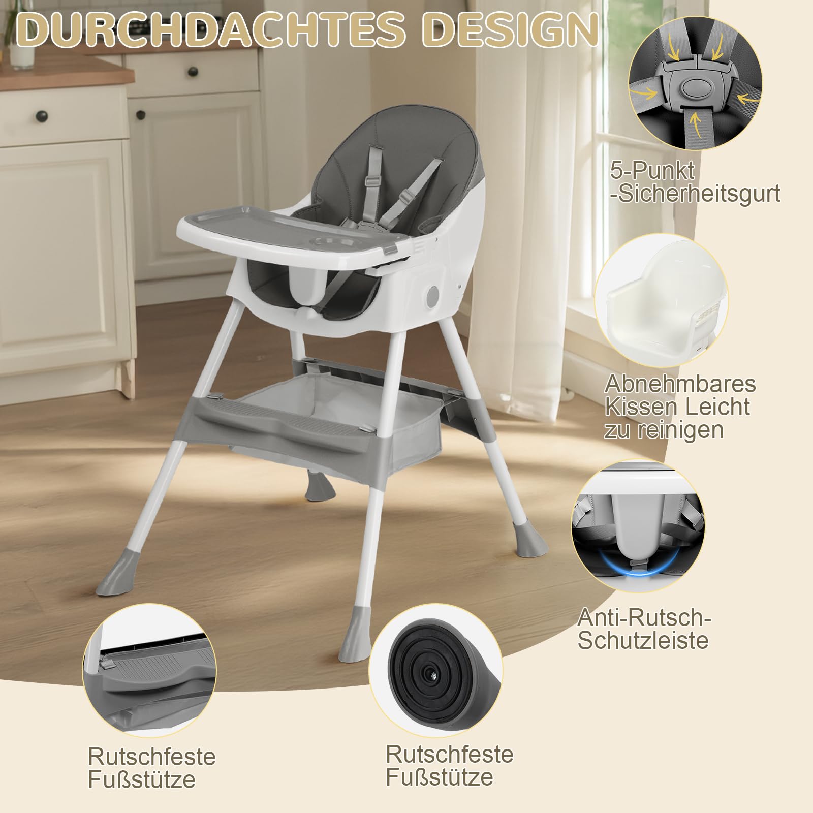 LEADZM 2 en 1 Chaise Haute Bébé Pliable, 3 Angles Réglables, Double Plateau Amovible, avec Roues Universelles et Panier de Rangement, Charge Maximale 15 kg, Bébés Âgés de 6 à 36 Mois (Gris)