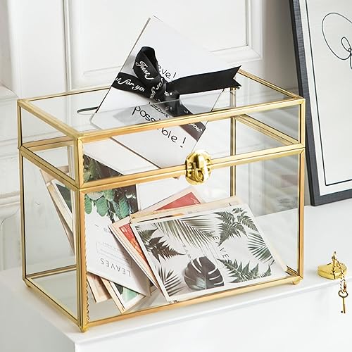 Miniatura 1 de Caja de cristal para tarjetas de boda con ranura, caja transparente de 10.2 pulgadas, caja de almacenamiento de tarjetas de regalo de latón dorado