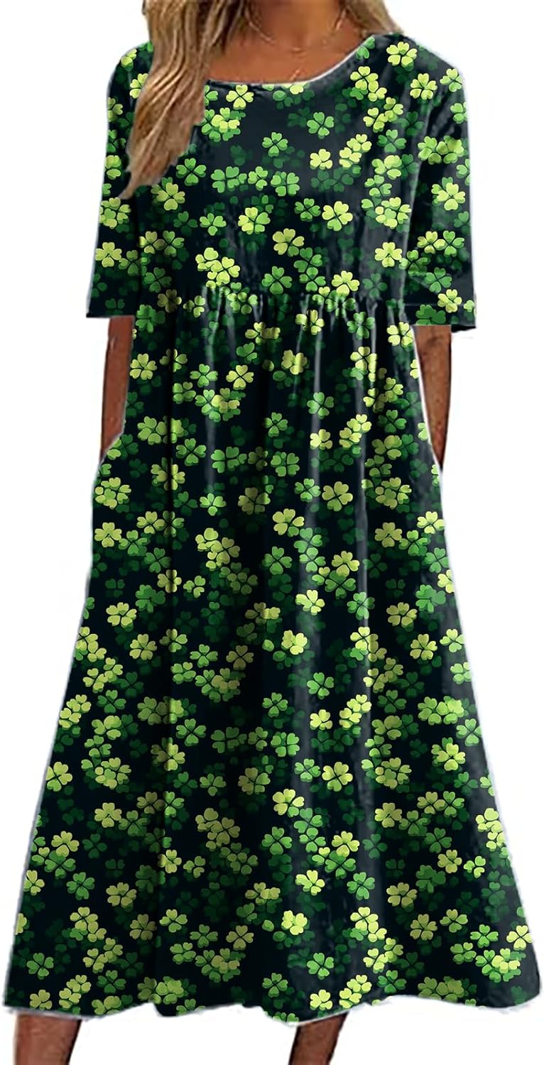 St Patricks Day Dresses for Women Crewneck Short Sleeve Empire Waist 2025 Summer Ca...