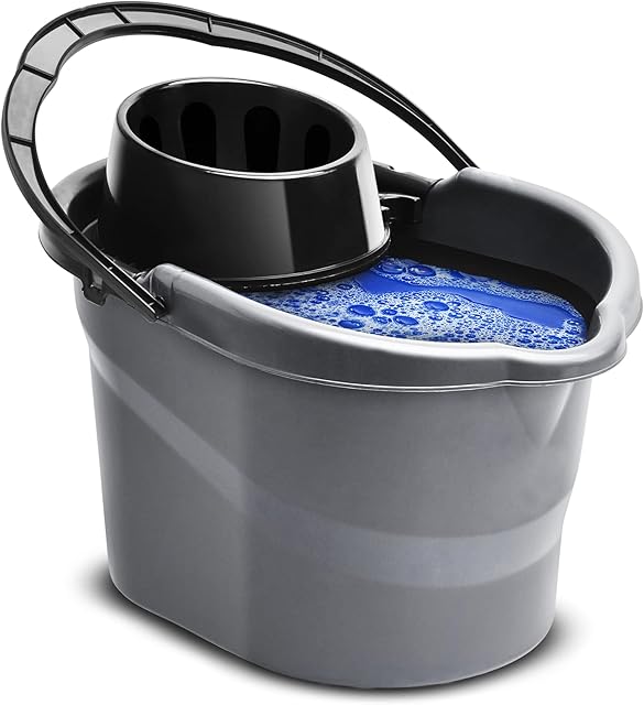 ZENQA 14L Mop Bucket with Wringer | Heavy Duty Strong Durable Plastic Mop Buckets | Carry Handle Pouring Spout Stick Holder Wringer | Floor Cleaning Bucket for Home, Office, Domestic and Commercial